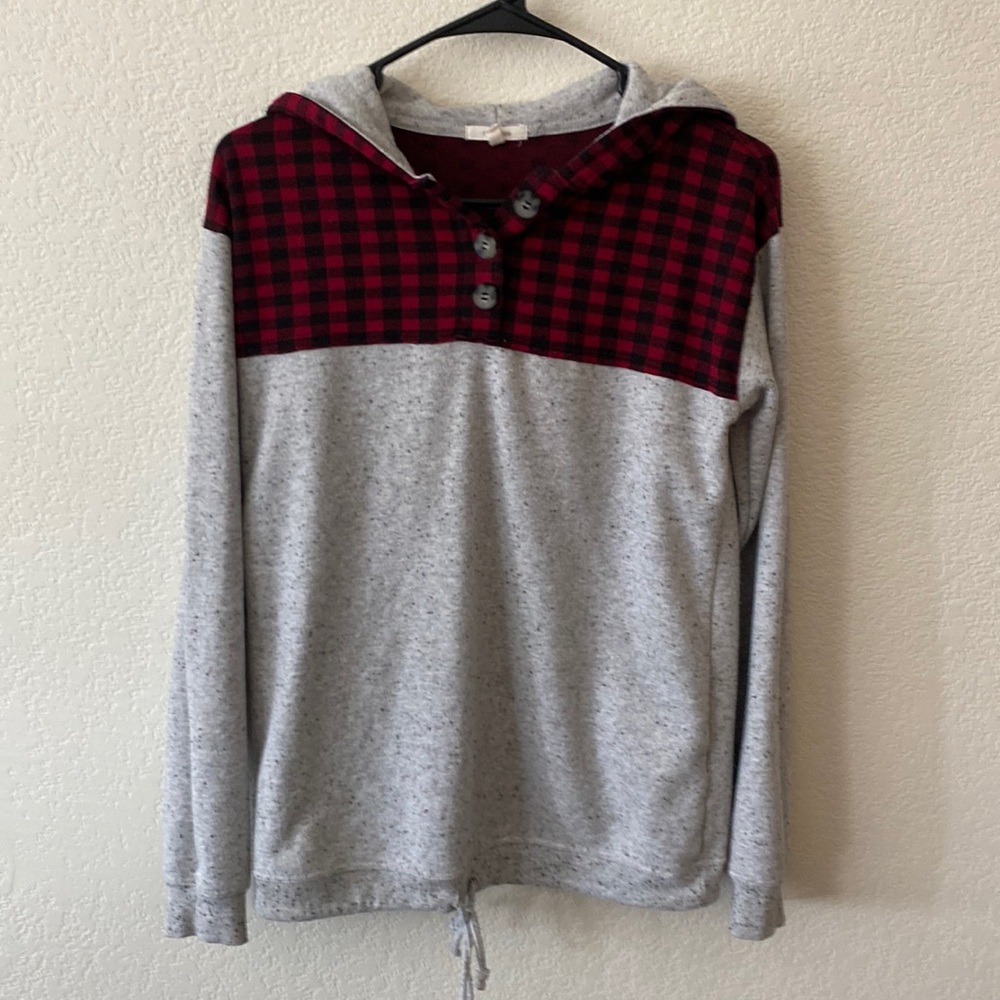 Buffalo plaid and grey hoodie